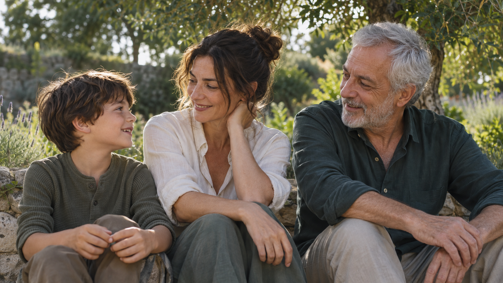 Tres generaciones de una familia caminando juntas al aire libre